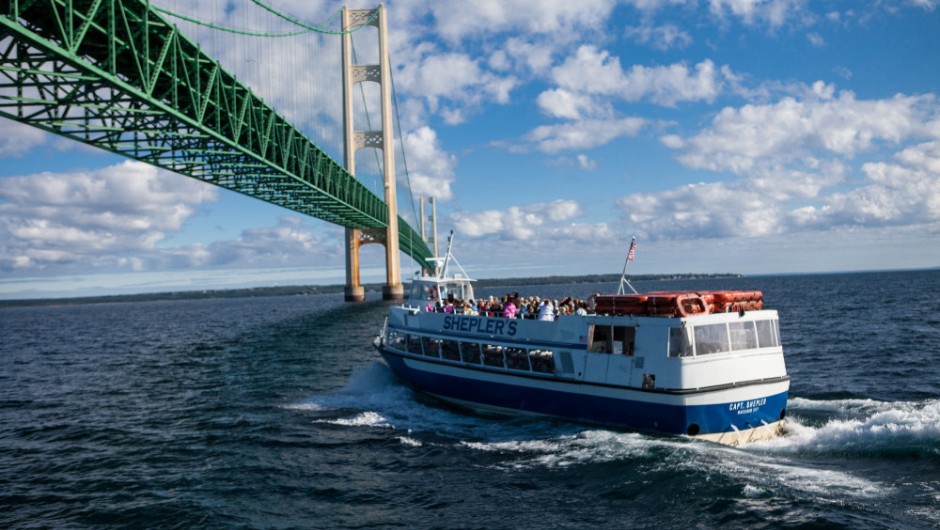 Shepler's Ferry during a Mighty Mac Departure under the Mackinac Bridge