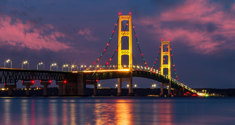 Mackinac Bridge on a colorful night